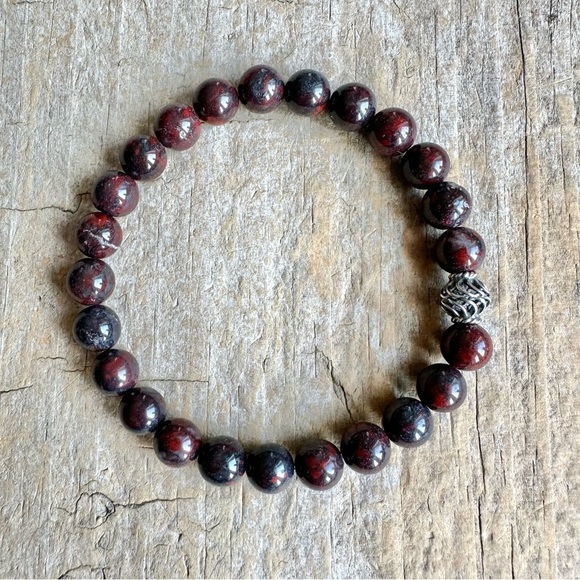 Burgundy Jasper Stone Stretch Bracelet Sterling Silver Bead Unisex - 8mm Beads - Picture 3 of 5